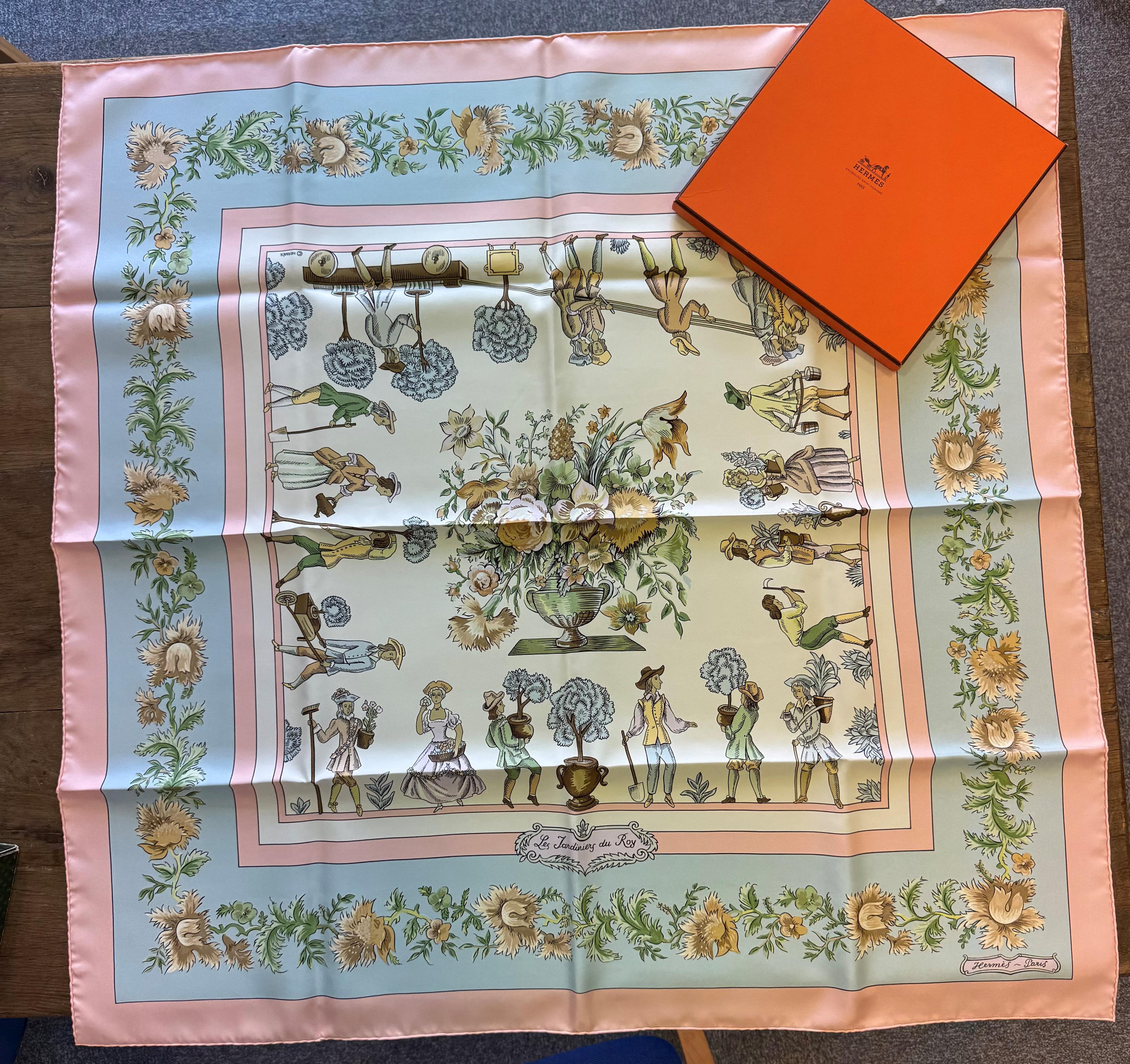 A Hermes Jardiniers du Roy silk scarf boxed, 88cm square